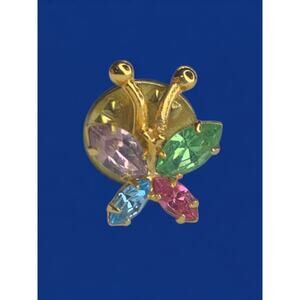 Petite Multicolor Crystal Butterfly Lapel Pin Goldtone .6 Inch